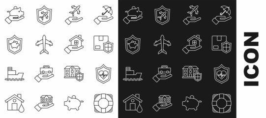 Set line Lifebuoy, insurance with shield, Delivery security, Plane hand, Piggy bank, and House icon. Vector
