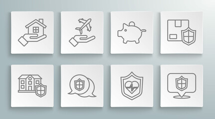 Set line House with shield, Plane in hand, Location, Life insurance, Piggy bank, Delivery security and icon. Vector