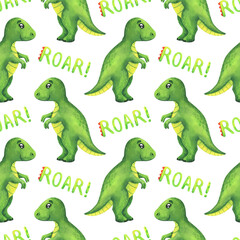 Obraz premium Seamless pattern with green dinosaurs. Watercolor Tyrannosaurus rex on a white background, earth dino print for fabric, textiles, wallpaper, packaging, paper