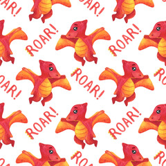 Seamless pattern with red pterodactyl . Watercolor flying dinosaur on a white background, sample dino print for fabric, textiles, wallpaper, packaging, paper © Анна Сухова