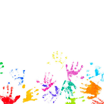 White background with multicolored paint prints of children palms