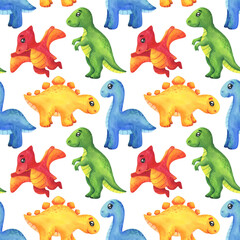 Seamless pattern with colorful dinosaurs. Tyrannosaurus, pterodactyl, stegosaurus, diplodocus on a white background. Children's dino print in cartoon style for fabric, paper, wallpaper