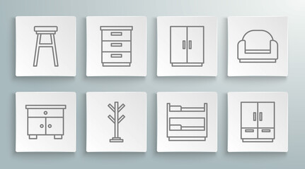 Set line Furniture nightstand, Coat, Bunk bed, Wardrobe, Armchair and Chair icon. Vector