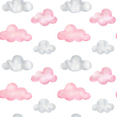 seamless pattern with pink clouds. Watercolor sky on a white background. Cartoon print for children's fabric, paper, textiles, scrapbooking
