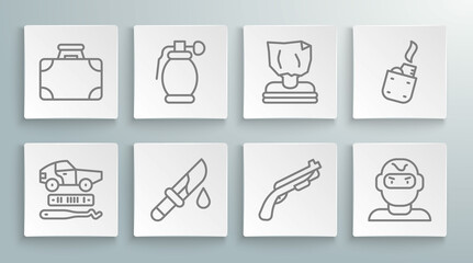 Set line Car theft, Hand grenade, Bloody knife, Police shotgun, Thief mask, Kidnaping, Lighter and Briefcase money icon. Vector