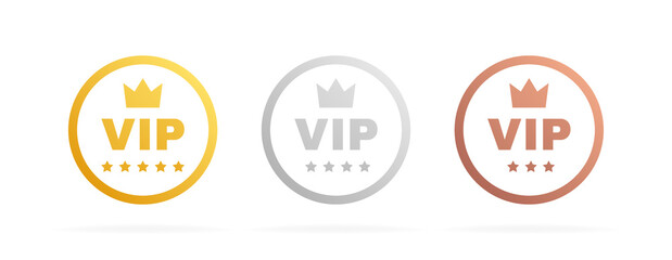 Set VIP badges in gold, silver and bronze color. Round label with three vip level. Modern vector illustration - obrazy, fototapety, plakaty