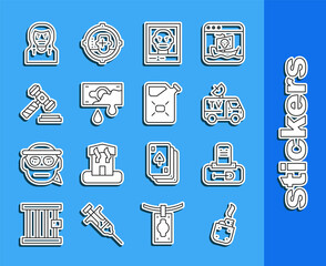 Set line Lighter, Grave with tombstone, TV News car, Wanted poster, Bloody money, Judge gavel, Thief mask and Canister fuel icon. Vector