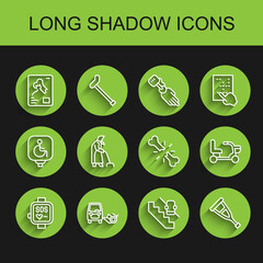 Set line Smart watch, Disabled car, X-ray shots, elevator, Crutch crutches, Grandmother, Electric wheelchair and Human broken bone icon. Vector