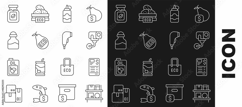 Sticker Set line Warehouse interior with boxes, Paper financial check, Security camera, Sauce bottle, Healthy organic pear, Spice can, Coffee jar and Scanner scanning bar code icon. Vector