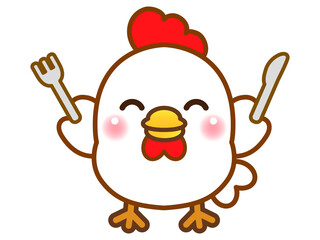 ナイフとフォークを持つ笑顔の鶏のイラスト