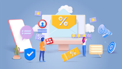 The concept of a mail service. A computer with open pages, sending promotional email, offers of sales and discounts. 3D vector illustrations.