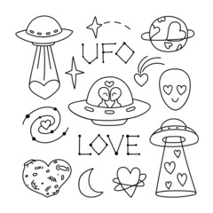 Contour vector drawing of a UFO.Alien love in doodle style.  Romantic Valentine's day clip art, valentine, graphics symbol of love, extraterrestrial set