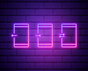 Phone Communication line icon. Neon laser lights. Incoming and Outgoing call sign. Conversation or SMS symbol. Glow laser. Vector isolated on brick wall