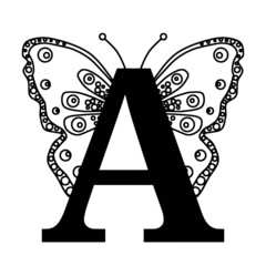 Letter A with butterfly silhouette. Wings butterfly logo template isolated on white background. Calligraphic hand drawn lettering design. Alphabet concept. Monogram vector illustration. EPS 10.