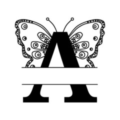 Letter A with butterfly silhouette. Wings butterfly logo template isolated on white background. Calligraphic hand drawn lettering design. Alphabet concept. Monogram vector illustration. EPS 10.