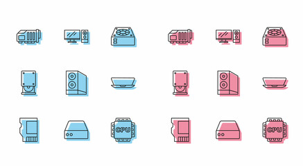 Set line SD card, Server, Data, Web Hosting, Video graphic, Processor with CPU, Case of computer, Laptop, Optical disc drive and Computer monitor icon. Vector
