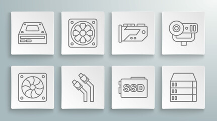 Set line Computer cooler, LAN cable network internet, SSD card, Server, Data, Web Hosting, Video graphic, camera and Optical disc drive icon. Vector