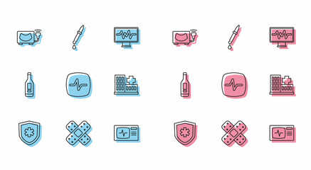 Set line Life insurance, Crossed bandage plaster, Ultrasound, Monitor with cardiogram, Heart rate, Hospital building, Digital thermometer and Pipette icon. Vector