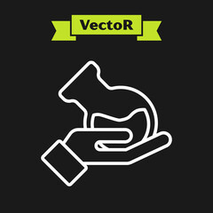 White line Test tube and flask in hand icon isolated on black background. Chemical laboratory test. Laboratory glassware. Vector