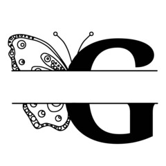 Letter G with butterfly silhouette. Wings butterfly logo template isolated on white background. Calligraphic hand drawn lettering design. Alphabet concept. Monogram vector illustration.