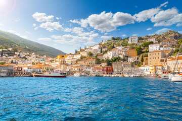The harbor and port at the Greek island waterfront village of Hydra, one of the Saronic islands of...