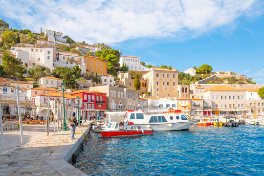 The harbor and marina at the Greek island waterfront village of Hydra, one of the Saronic islands of Greece.
