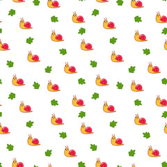 Seamless pattern with cute little snails and leaves. Spring children's decor with an insect. Vector illustration in a minimalistic flat style, hand drawn. Print for spring textiles for kids.