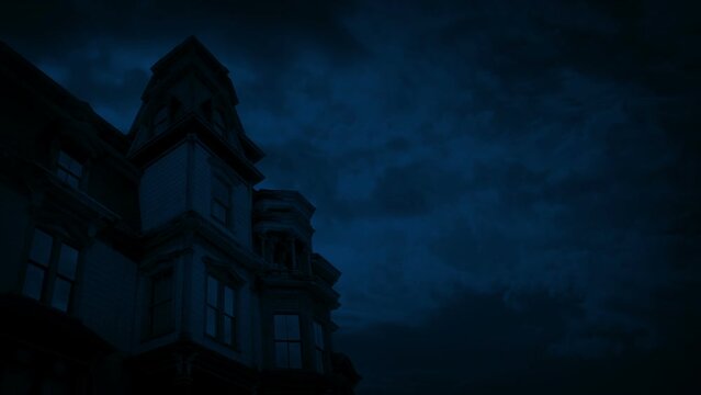 Lightning Strikes Near Old Gothic House At Night