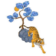 A tiger stalks under the sakura tree. Illustration isolated on a white background.