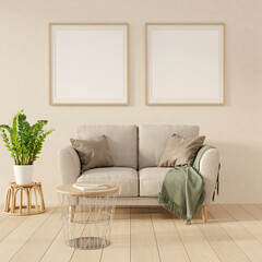 Living room interior with sofa, plant and coffee table. Two picture mock ups on the wall. 3D render. 3D illustration.
