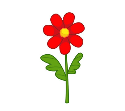 Cute red flower, chamomile. Vector illustration in cute cartoon childish style. Isolated funny clipart on white background. Lovely floral print.