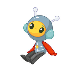 Happy cute alien in a space suit sits and smiles. Vector illustration in cartoon childish style. Isolated funny clipart on white background. Astronaut seal.