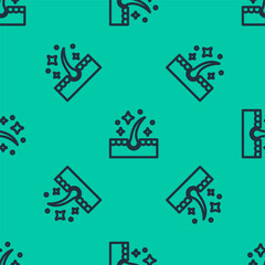 Blue line Organic essential oil for hair care treatment icon isolated seamless pattern on green background. Hair growth oil. Vector