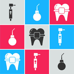 Set Tooth drill, Enema pear and Teeth with braces icon. Vector
