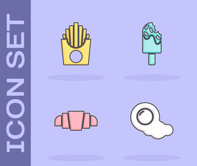 Set Scrambled eggs, Potatoes french fries in box, Croissant and Ice cream icon. Vector