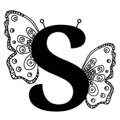 Letter S with butterfly silhouette. Wings butterfly logo template isolated on white background. Calligraphic hand drawn lettering design. Alphabet concept. Monogram vector illustration.