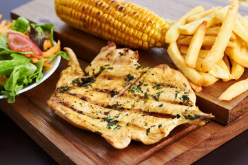 chicken and chorizo brochettes with roasted corn and grilled corn