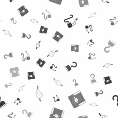 Set Smoking pipe, Antique treasure chest, Pirate hook and eye patch on seamless pattern. Vector