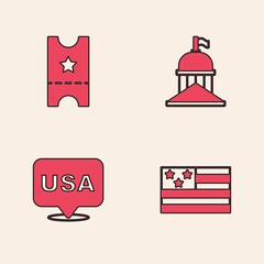 Set American flag, Baseball ticket, White House and USA Independence day icon. Vector