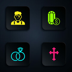 Set Christian cross, Jeweler man, Wedding rings and Jewelry online shopping. Black square button. Vector