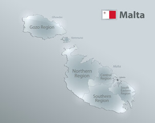 Malta map and flag, Current regions, separates regions and names, design glass card 3D vector - obrazy, fototapety, plakaty