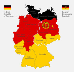 Map of the Germany map divided on West and East Germany with regions and names in the colors of the flag with administrative divisions vector