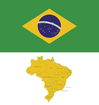 Brazil map with region states with Brazil flag vector