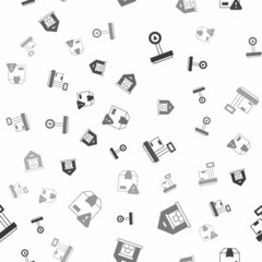 Set Scale, Warehouse, with cardboard box and Delivery security shield on seamless pattern. Vector