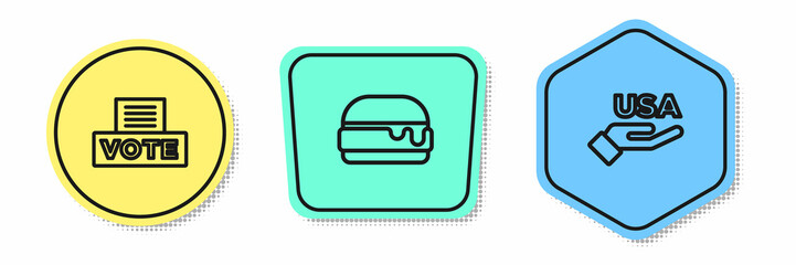 Set line Vote box, Burger and USA Independence day. Colored shapes. Vector