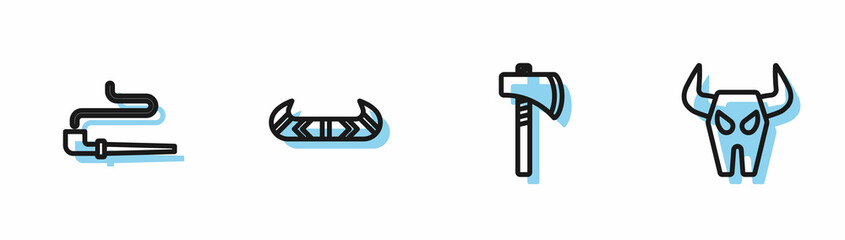 Set line Tomahawk axe, Smoking pipe, Kayak or canoe and paddle and Buffalo skull icon. Vector