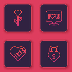 Set line Heart shape in flower, Candy heart shaped box, Speech bubble with I love you and Castle the of. Blue square button. Vector