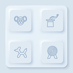 Set line Monkey, Magician hat, Balloon dog and Target. White square button. Vector