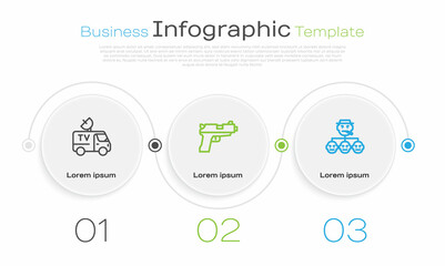 Set line TV News car, Pistol or gun and Mafia. Business infographic template. Vector