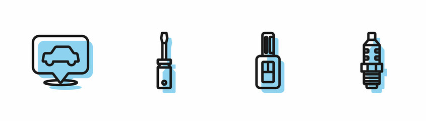 Set line Car key with remote, service, Screwdriver and spark plug icon. Vector